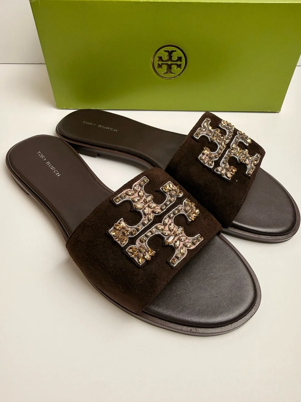 Tory Burch Everly Embellished Slide Sandals Dark Cocoa Brown Suede Crystal US 8